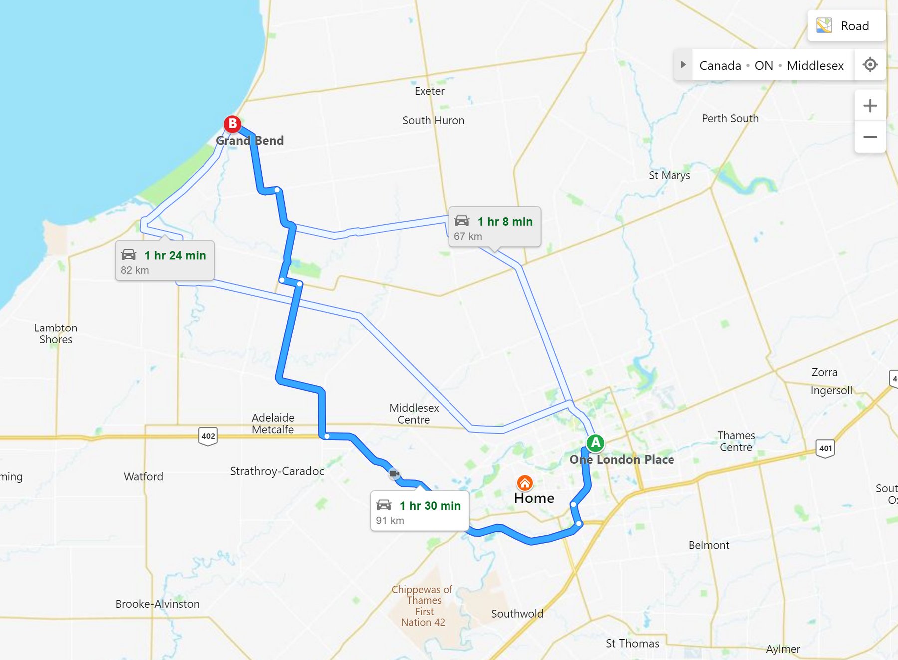 Map showing 3 routes. One direct, short, with low average velocity along rural roads. Another much longer, not direct, but with much higher average velocity on a multi-lane primary highway.