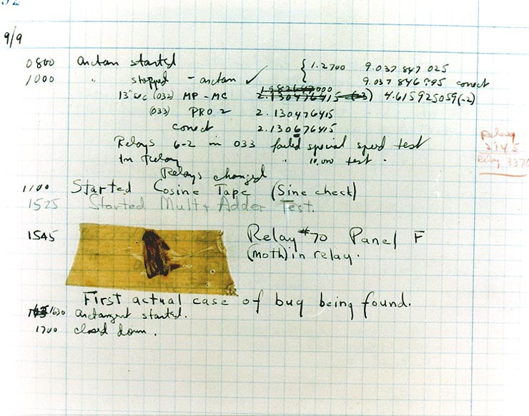 Picture of moth recovered from the Mark II computer. Courtesy of the Naval Surface Warfare Center, Dahlgren, VA., 1988. (Public domain), via Wikimedia Commons. File: H965665